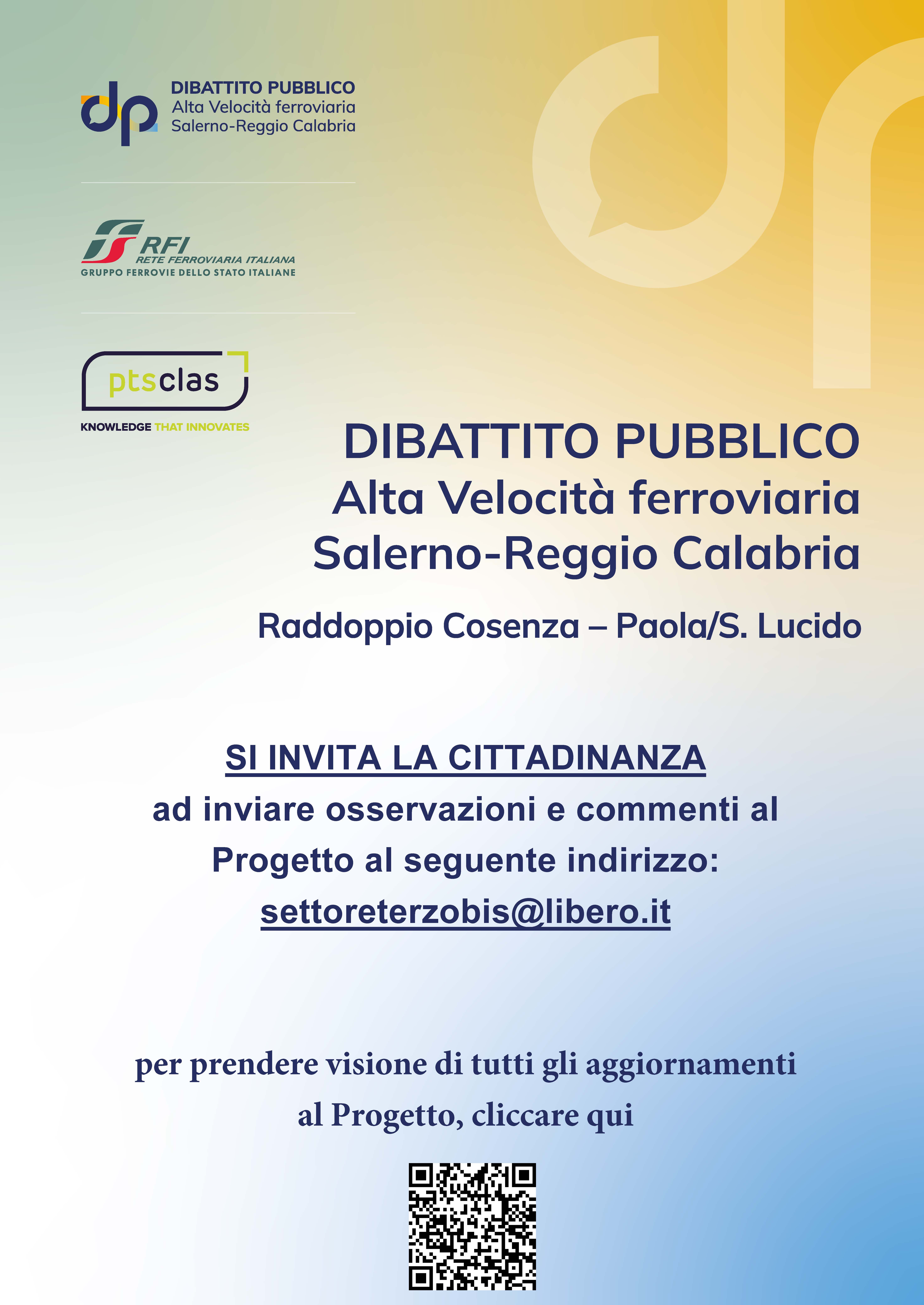 Invito a fornire osservazioni e commenti al Progetto RFI "Alta Velocità ferroviaria Salerno-Reggio Calabria Raddoppio Cosenza – Paola/S. Lucido"